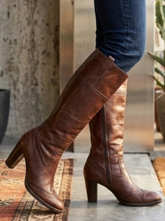 RSVP Shoes - RSVP Collection Brown Leather Tall Riding Boots Size 8M Womens Brogue Detail